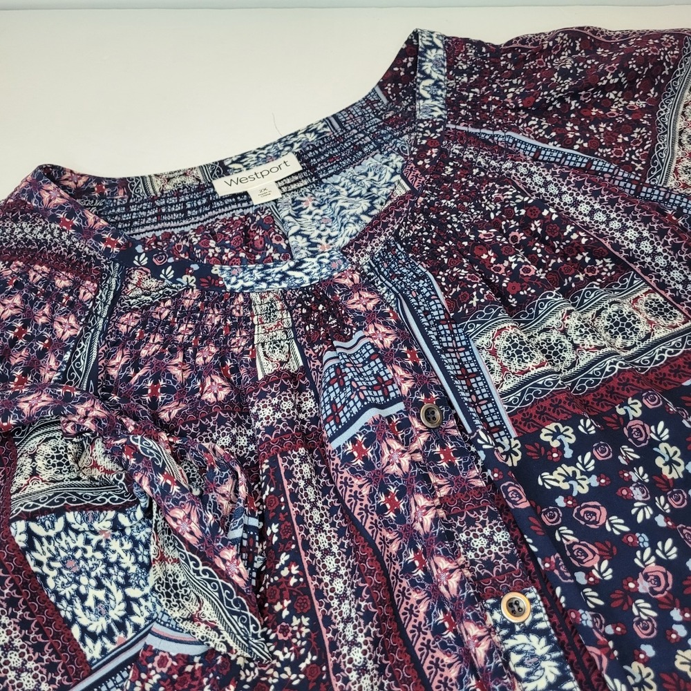 Westport‎ Chiffon Blouse Size 2XL  Long Sleeve Burgundy Tie Sleeve Boho Floral